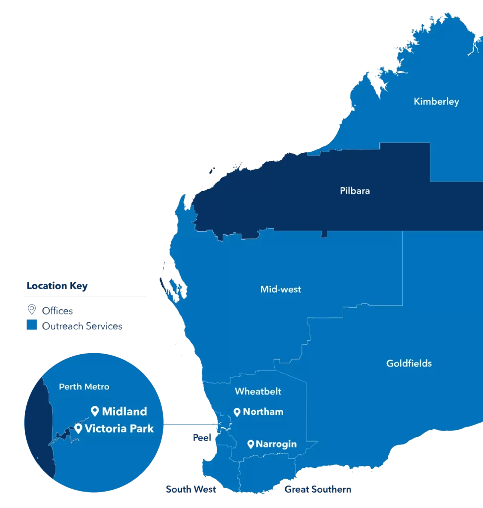 Map of Western Australia highlighting locations